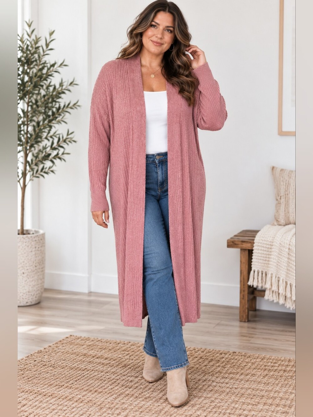 Pink Open-Front Duster Cardigan Sweater Plus Size 2XL Soft Layering Fall Office